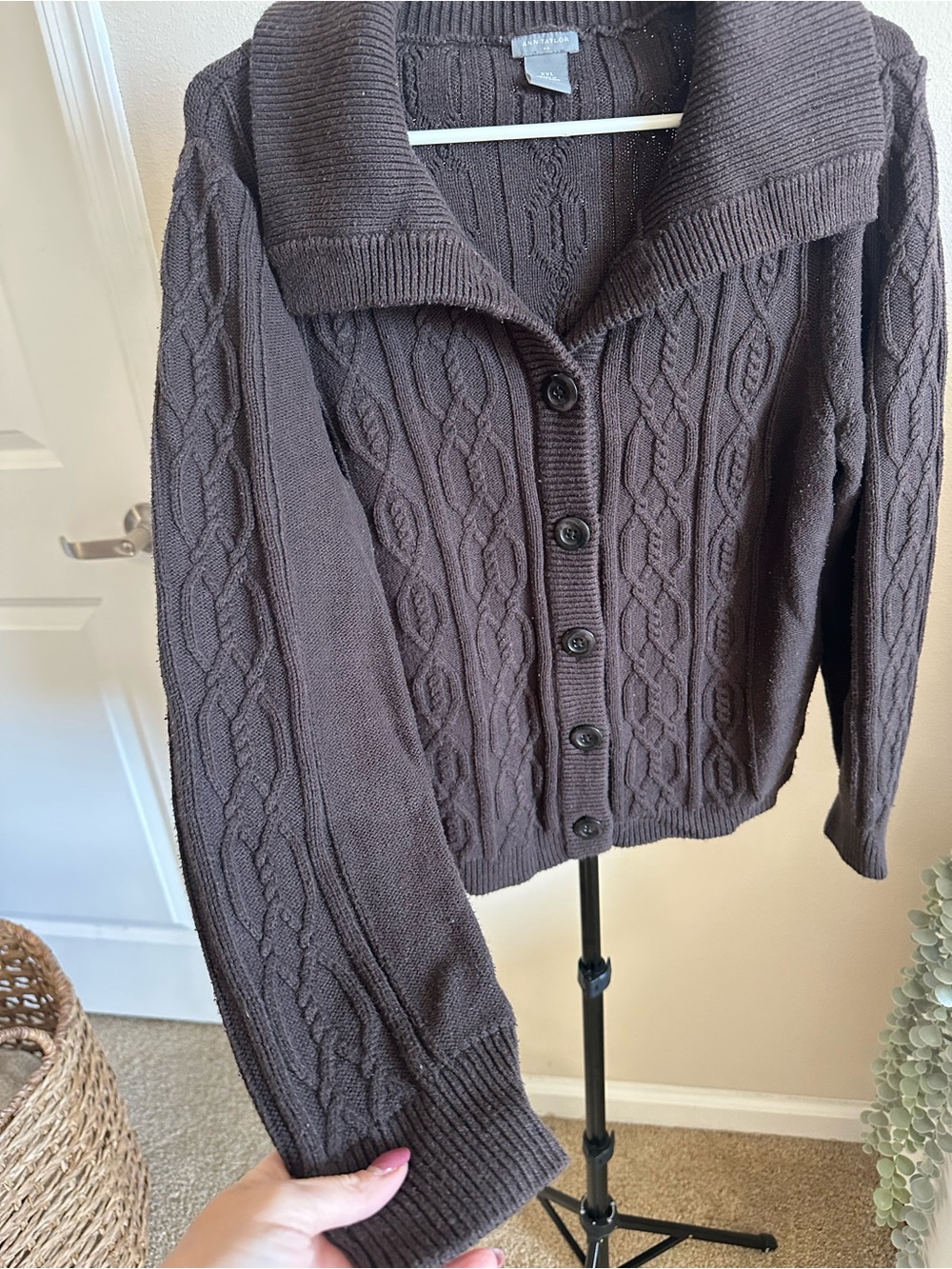 Ann Taylor Chocolate Cable Knit Button-Up Cardigan - Picture 3 of 6